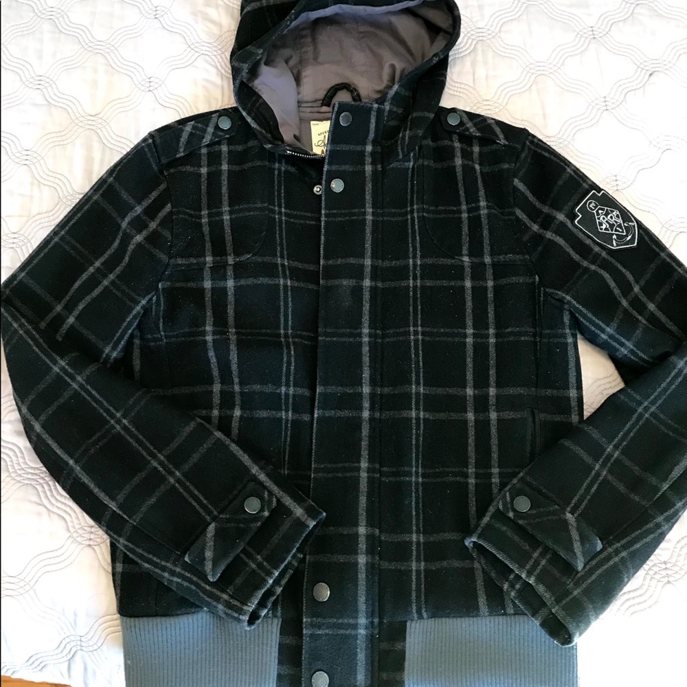 🍁Warm wool blend plaid hooded bomber jacket with zipper and snaps 🍁